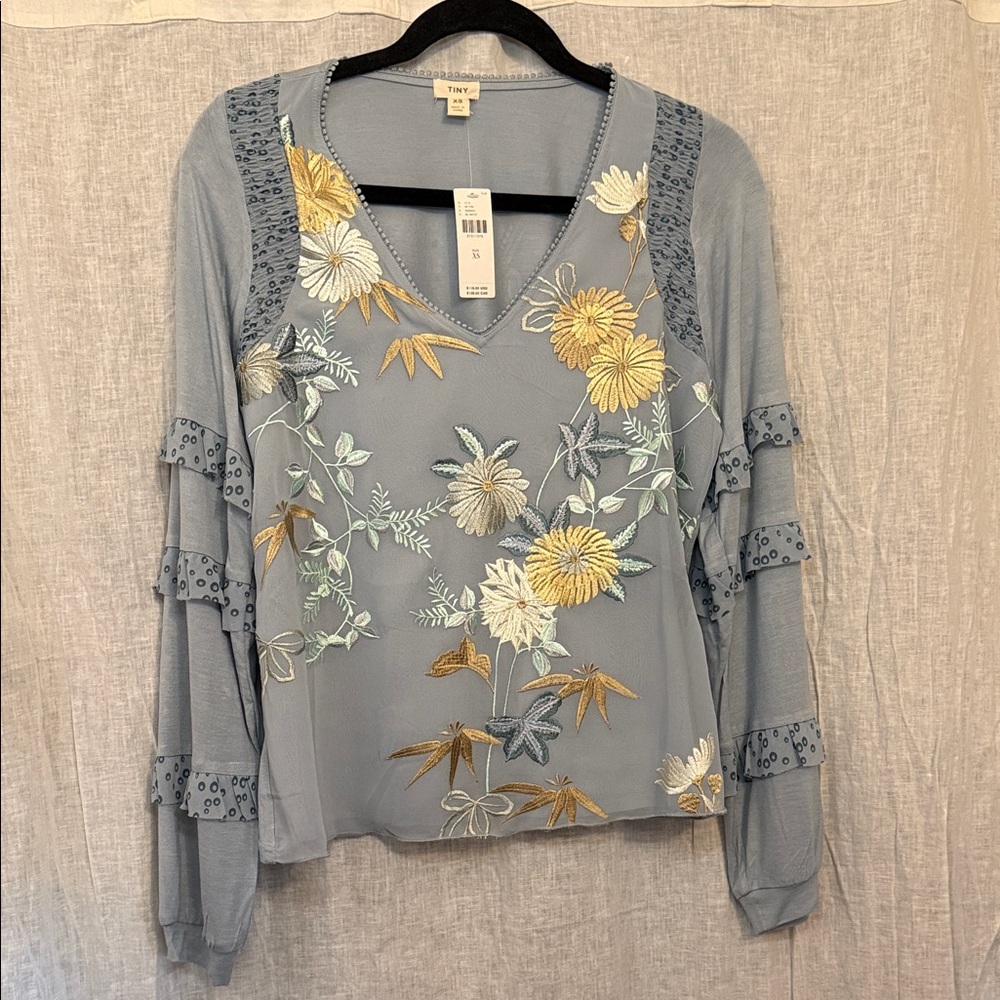 NWT Anthropologie Soft Blue Floral Embroidered V-Neck Blouse.